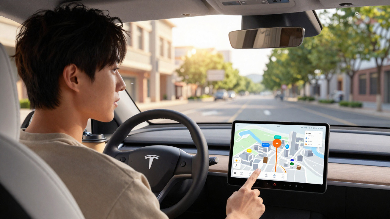 Pessoa dirigindo carro Tesla com tela de navegação exibindo mapa na dashboard.