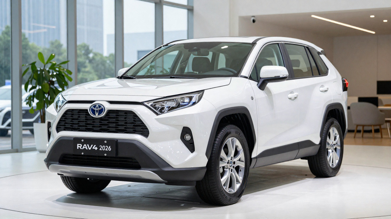 Carro SUV branco Toyota RAV4 2026 em exposição dentro de showroom moderno.