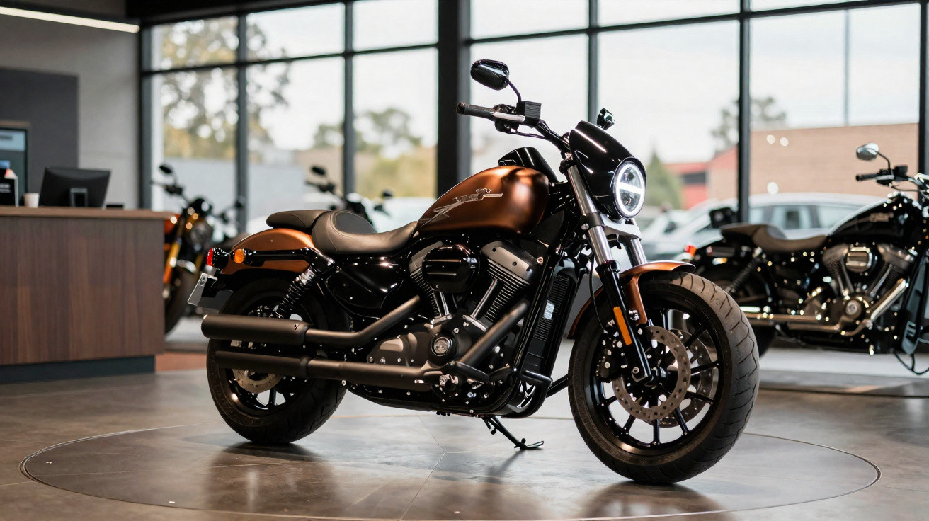 Motocicleta custom marrom fosca com detalhes pretos exibida em showroom moderno com grandes janelas.