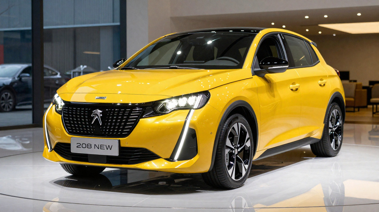 Carro hatch amarelo Peugeot 208 New exibido em showroom moderno e iluminado.
