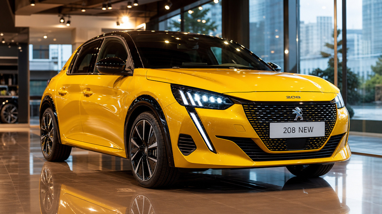 Carro hatch amarelo Peugeot 208 novo em showroom com faróis acesos e teto preto.