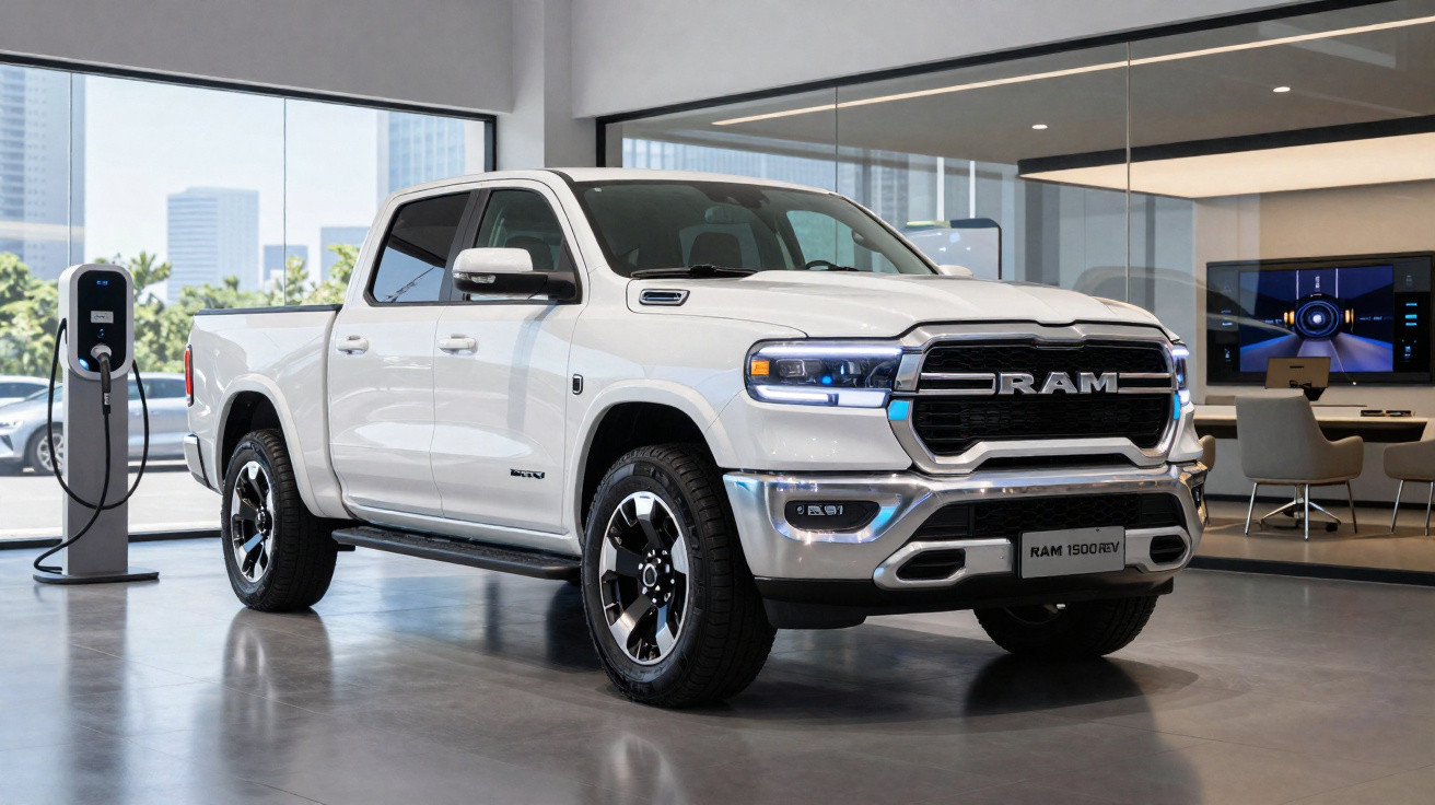 Picape elétrica branca Ram 1500 REV estacionada em showroom moderno com estação de recarga.