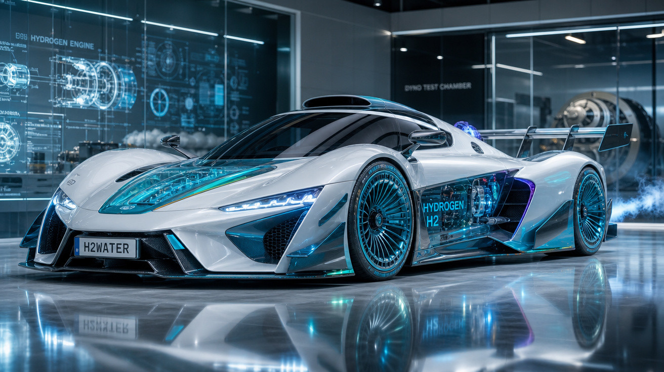 Carro esportivo futurista branco com detalhes azuis, movido a hidrogênio, em ambiente tecnológico moderno.