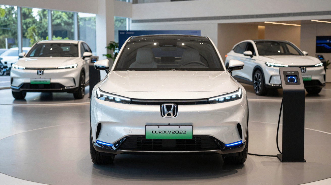 Carros elétricos brancos da Honda expostos em showroom moderno, com um deles conectado a carregador.