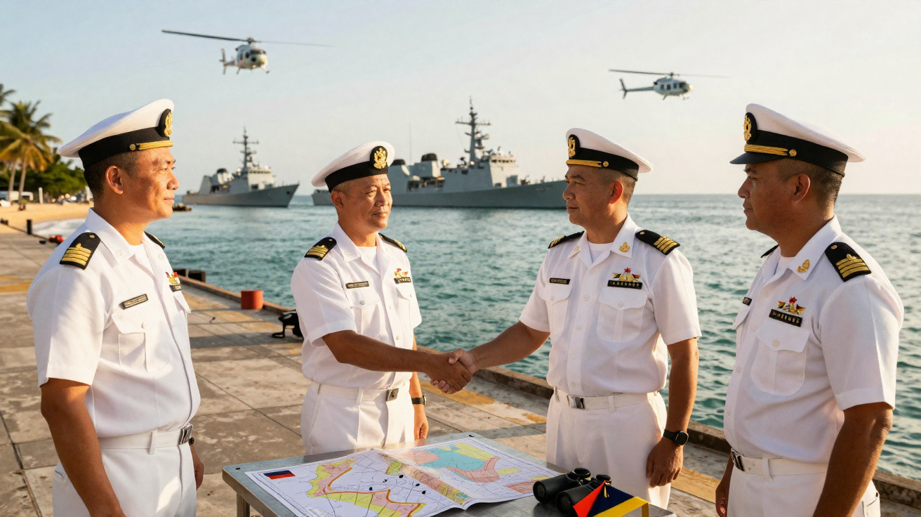 Quatro oficiais navais em uniforme branco apertam as mãos ao lado de um mapa e binóculos no porto, com navios e helicópteros 