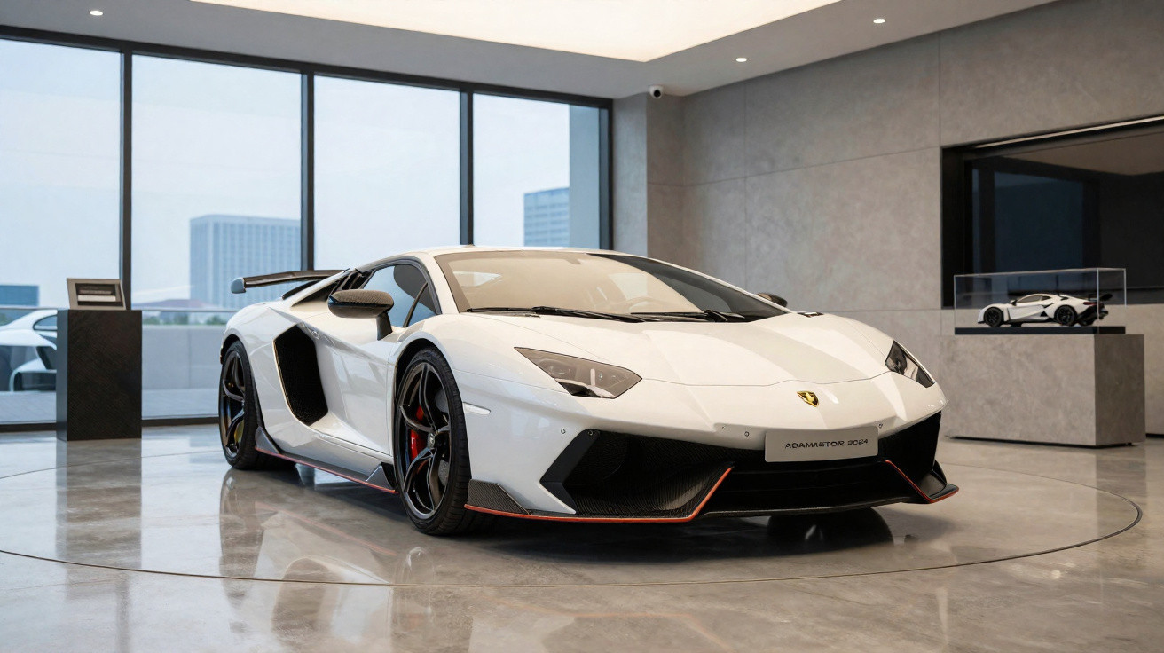 Carro esportivo branco Lamborghini exposto em showroom moderno com piso de mármore e grandes janelas de vidro.