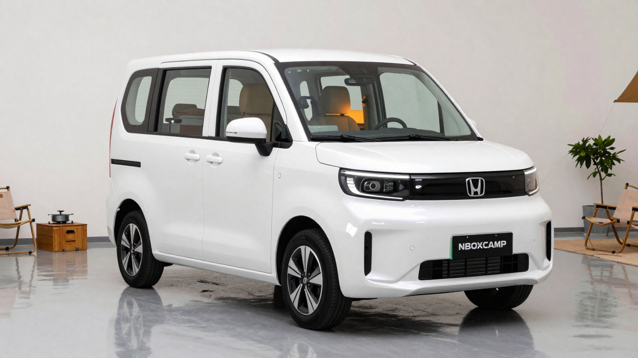 Carro branco Honda N-Box Camp estacionado em ambiente interno com decoração minimalista.