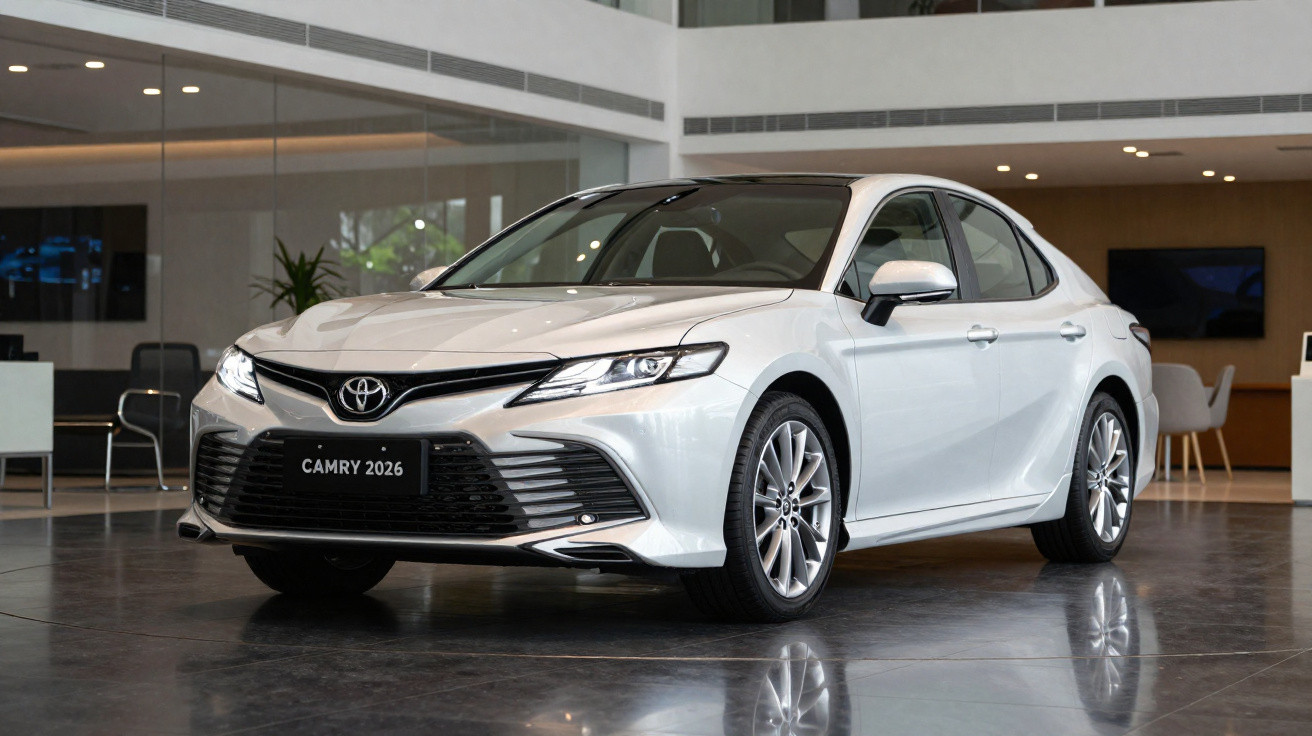 Carro prata Toyota Camry 2026 em exposição dentro de showroom moderno e bem iluminado.