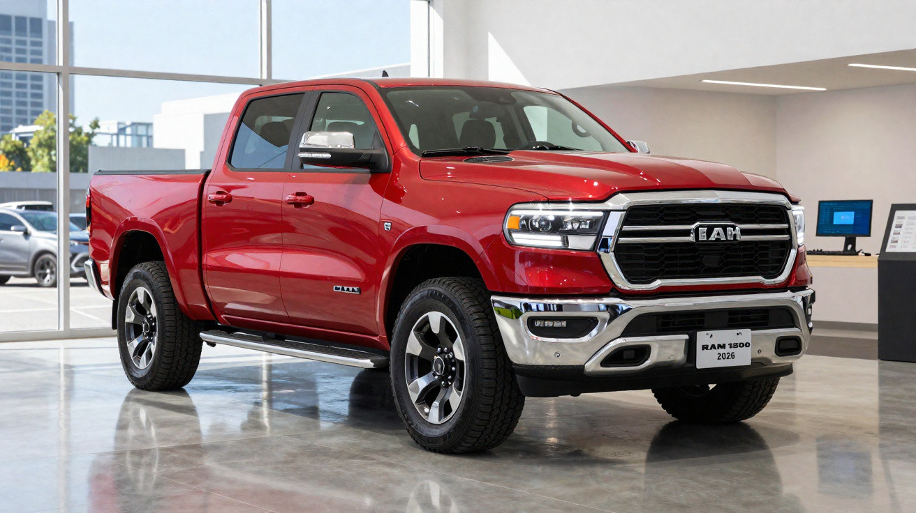 Picape vermelha RAM 1500 2026 estacionada em showroom moderno com piso brilhante.