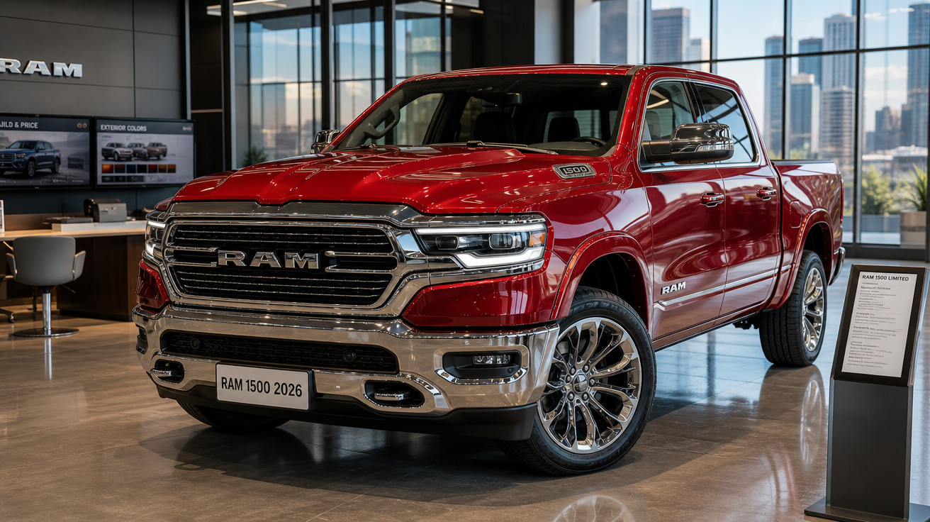 Picape RAM 1500 2026 vermelha exibida em showroom moderno com grandes janelas e luz natural.