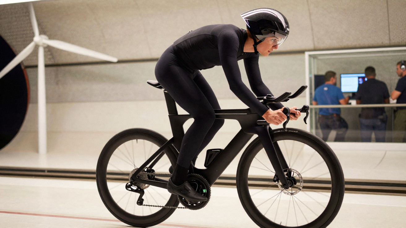 Ciclista com traje aerodinâmico e capacete em bicicleta preta dentro de túnel de vento para teste.