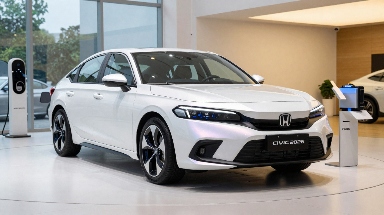 Carro Honda Civic 2026 branco exposto em showroom moderno com carregador elétrico ao lado.