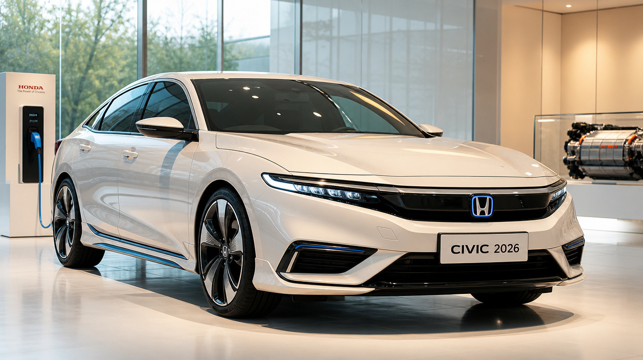 Carro elétrico Honda Civic 2026 branco em exibição, com estação de recarga ao fundo.
