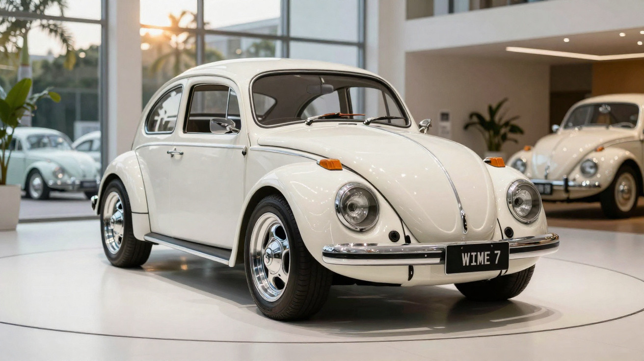Volkswagen Fusca branco clássico exposto em ambiente interno com iluminação natural e outras unidades ao fundo.