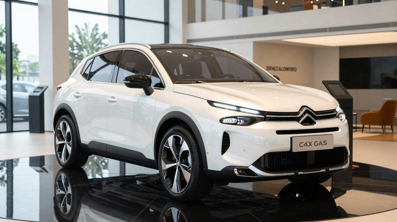 Carro branco Citroën C4X GAS exibido em showroom moderno com piso refletivo.