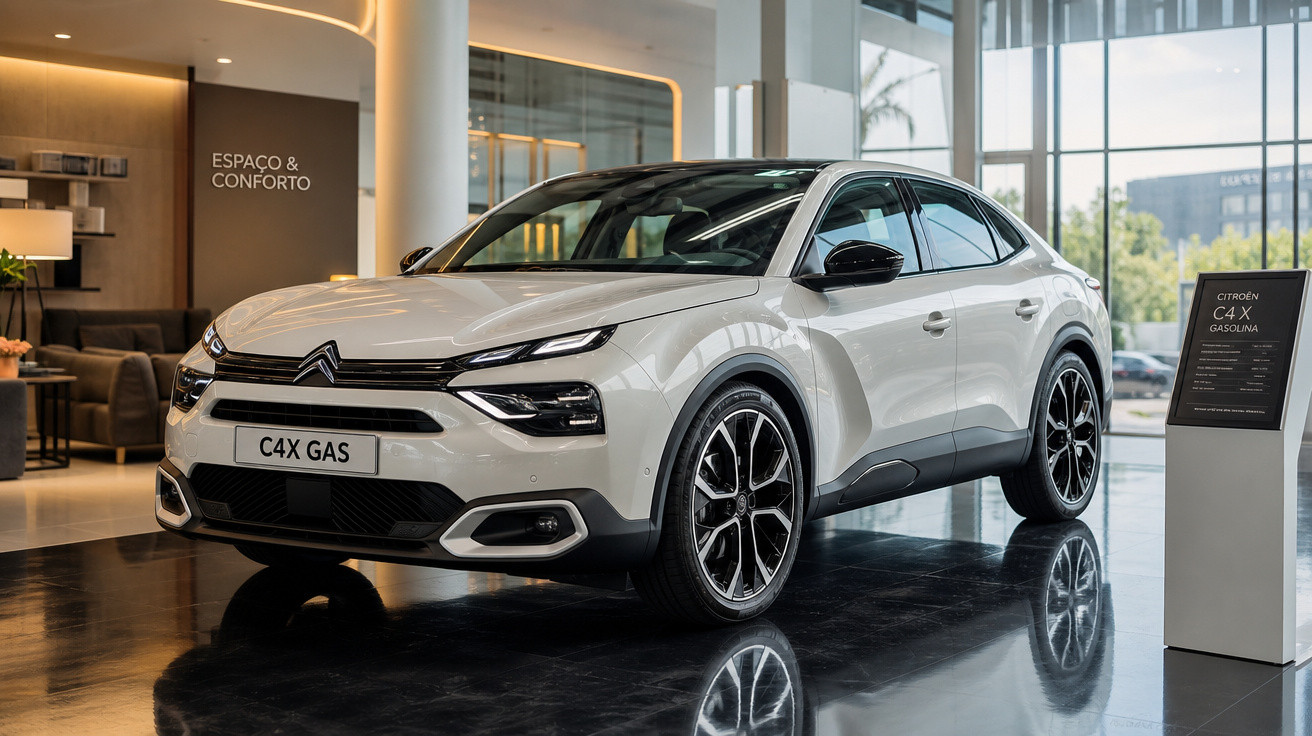 Carro Citroën C4 X branco exibido em showroom com piso brilhante e iluminação moderna.
