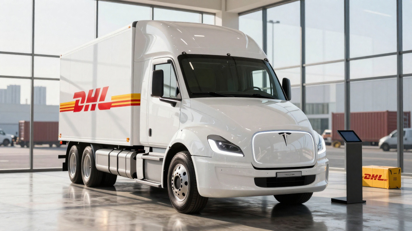 Caminhão branco da Tesla com logotipo DHL em depósito com grandes janelas de vidro.