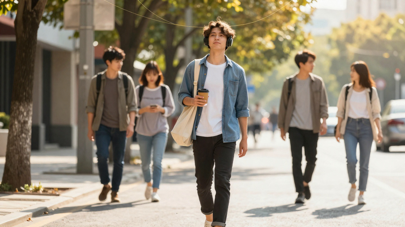 Jovem caminhando na rua com fones e café, acompanhado por outros quatro jovens em dia ensolarado.