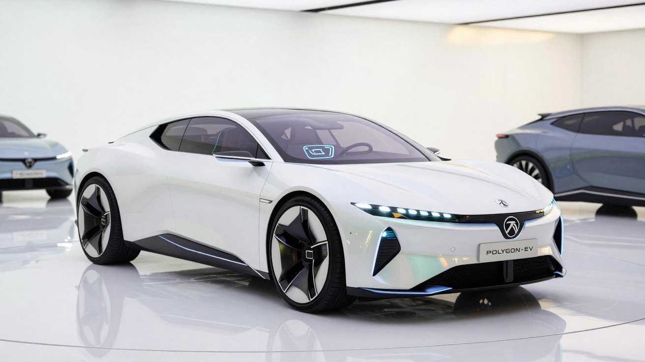 Carro elétrico branco moderno com design aerodinâmico exposto em sala branca minimalista.