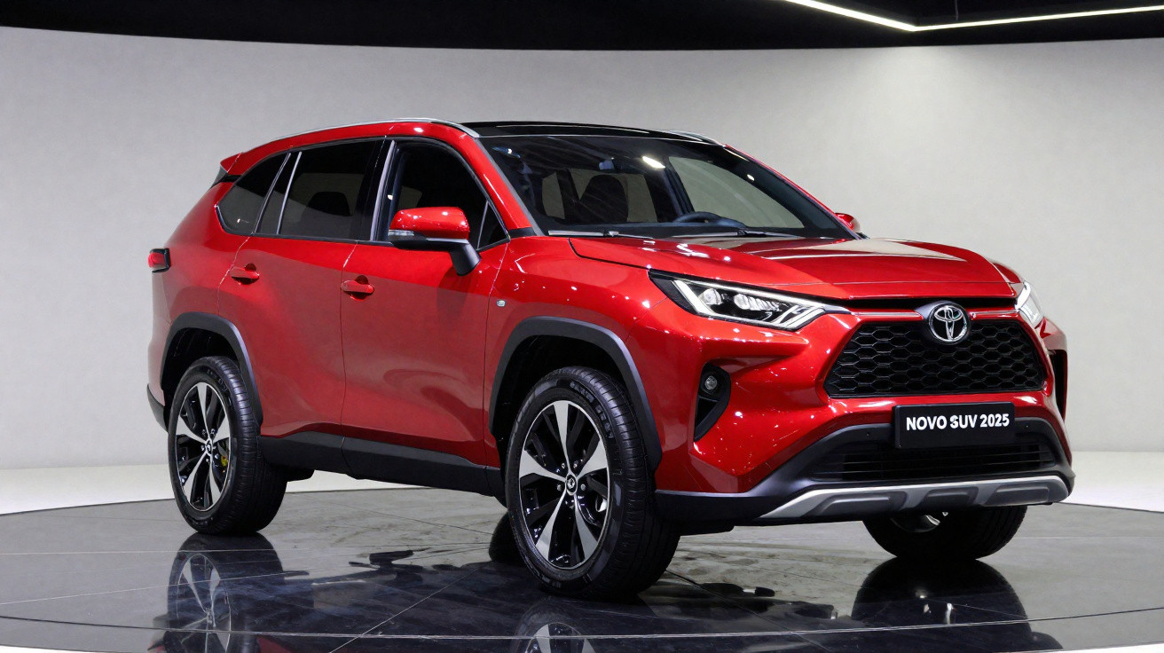 SUV Toyota vermelho modelo 2025 em estúdio com iluminação branca e piso espelhado.