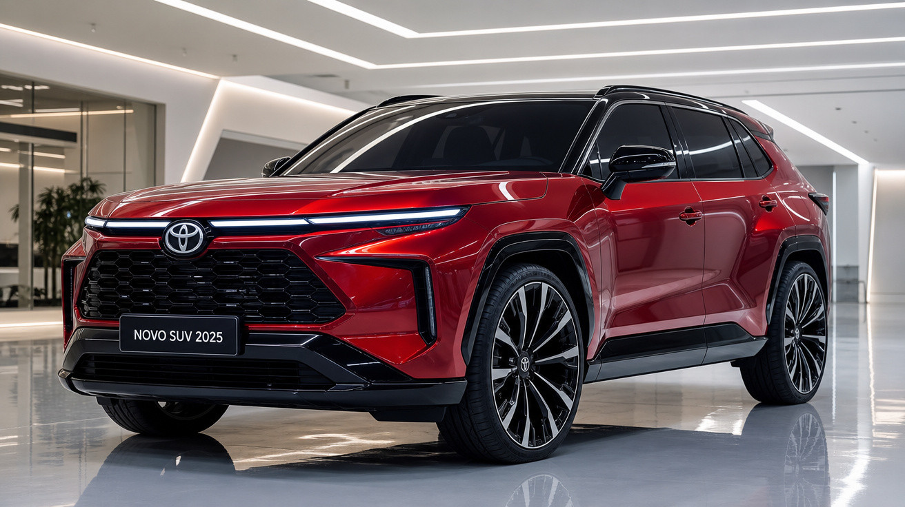 SUV Toyota 2025 vermelho brilhante em ambiente interno moderno com iluminação branca.