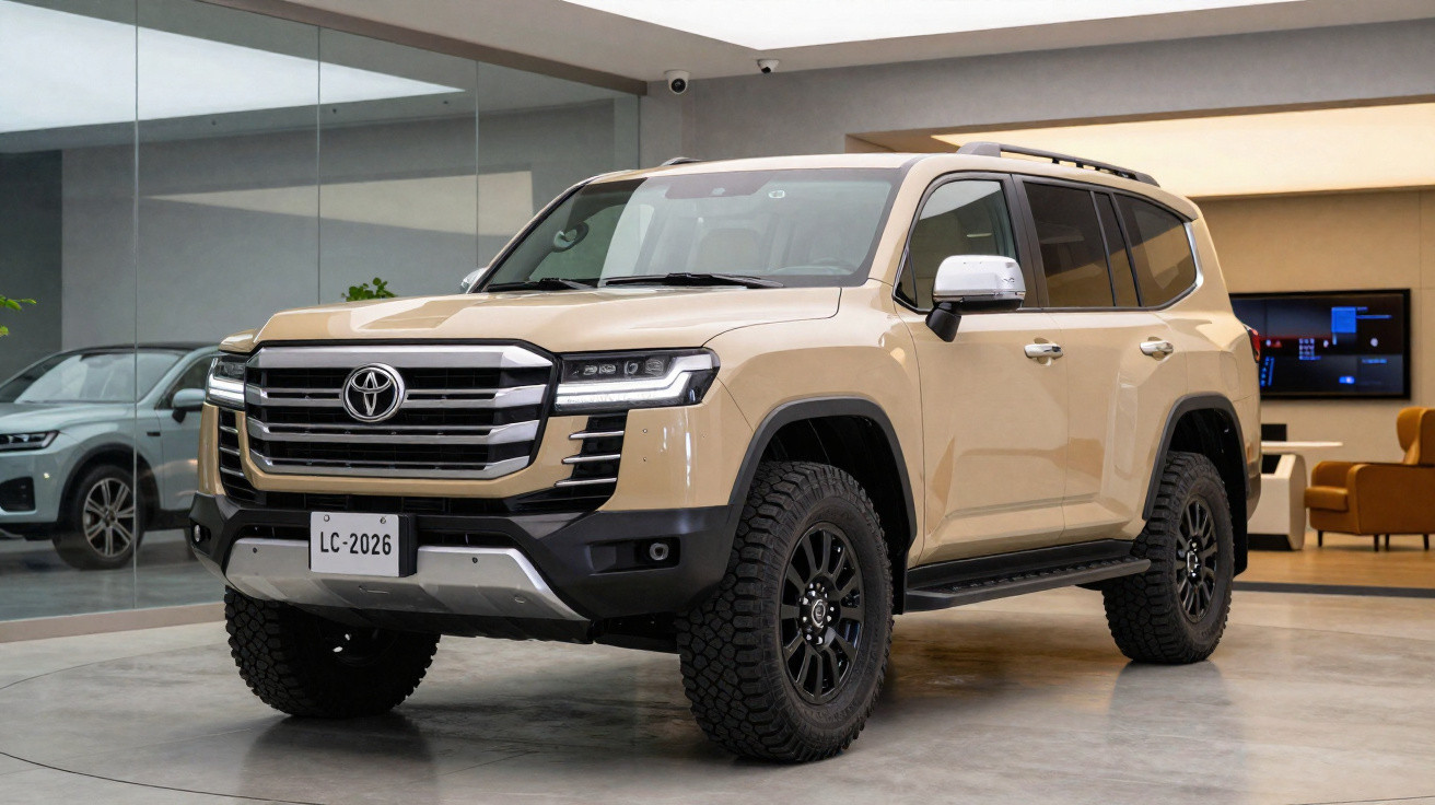 SUV Toyota Land Cruiser 2023 bege estacionado em ambiente interno com rodas off-road e espelhos cromados.
