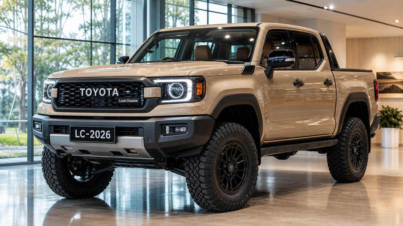 Picape Toyota Land Cruiser LC-2026 bege exibida em showroom moderno com grandes janelas.