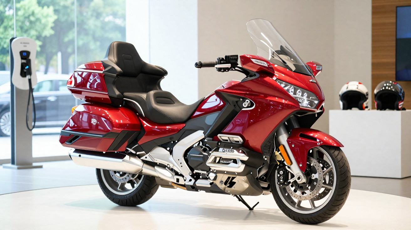 Motocicleta touring vermelha estacionada em showroom com capacetes ao fundo.