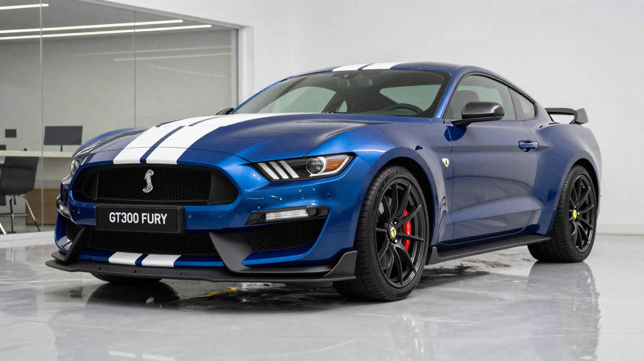 Carro esportivo azul com faixas brancas, rodas pretas e placa GT300 FURY em ambiente interno.
