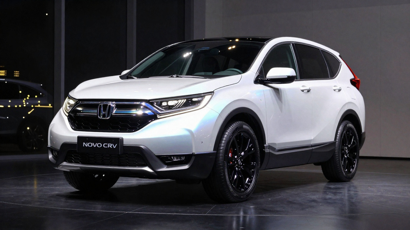 SUV Honda CR-V branco estacionado em ambiente interno com roda preta esportiva.