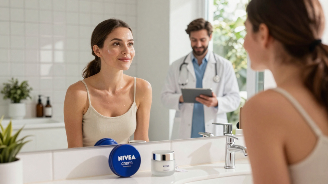 Mulher sorrindo olhando no espelho, com creme Nivea na pia e médico ao fundo com tablet.