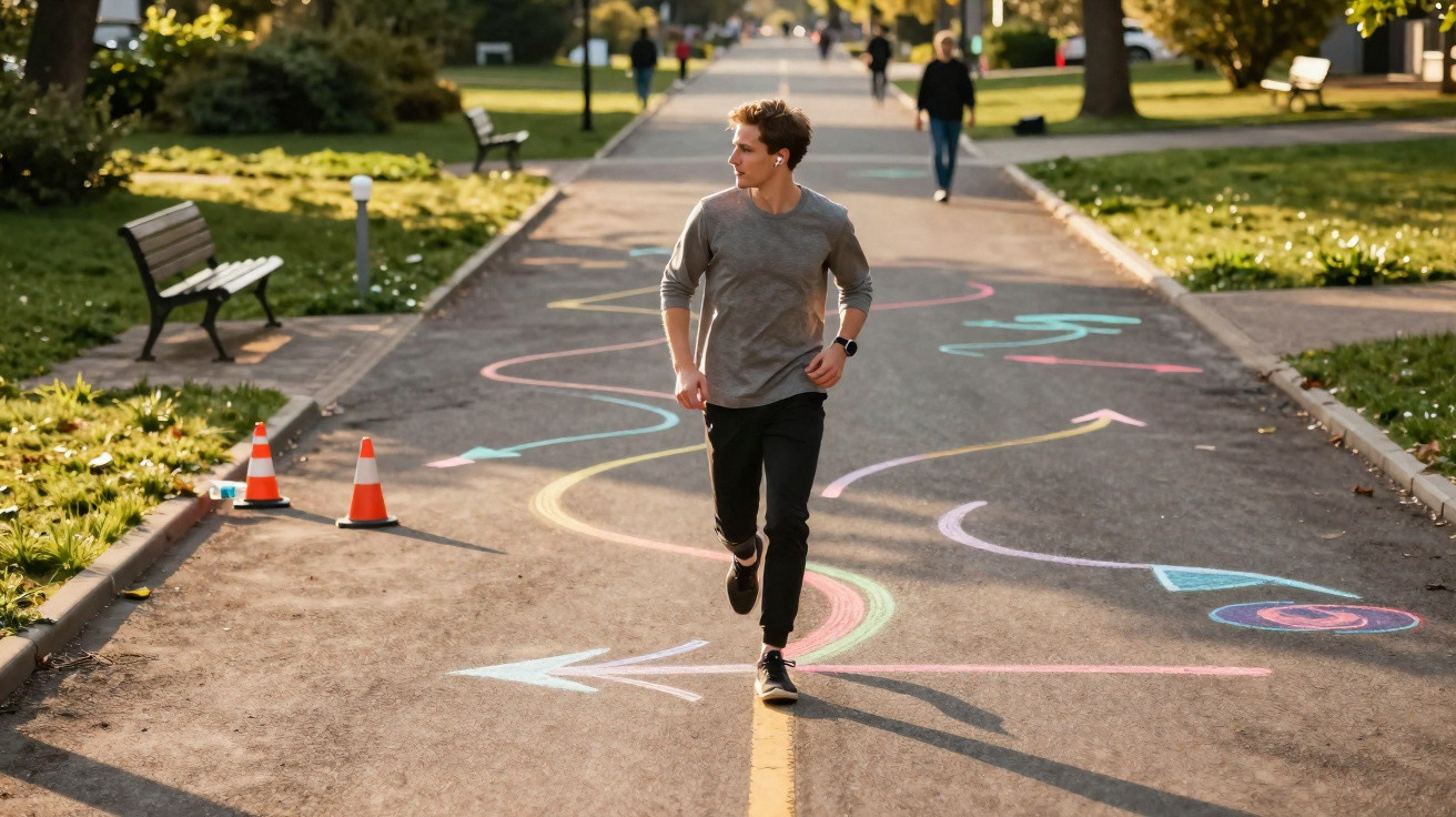 Homem correndo em parque com desenhos coloridos de setas no chão e cones laranjas ao lado da pista.