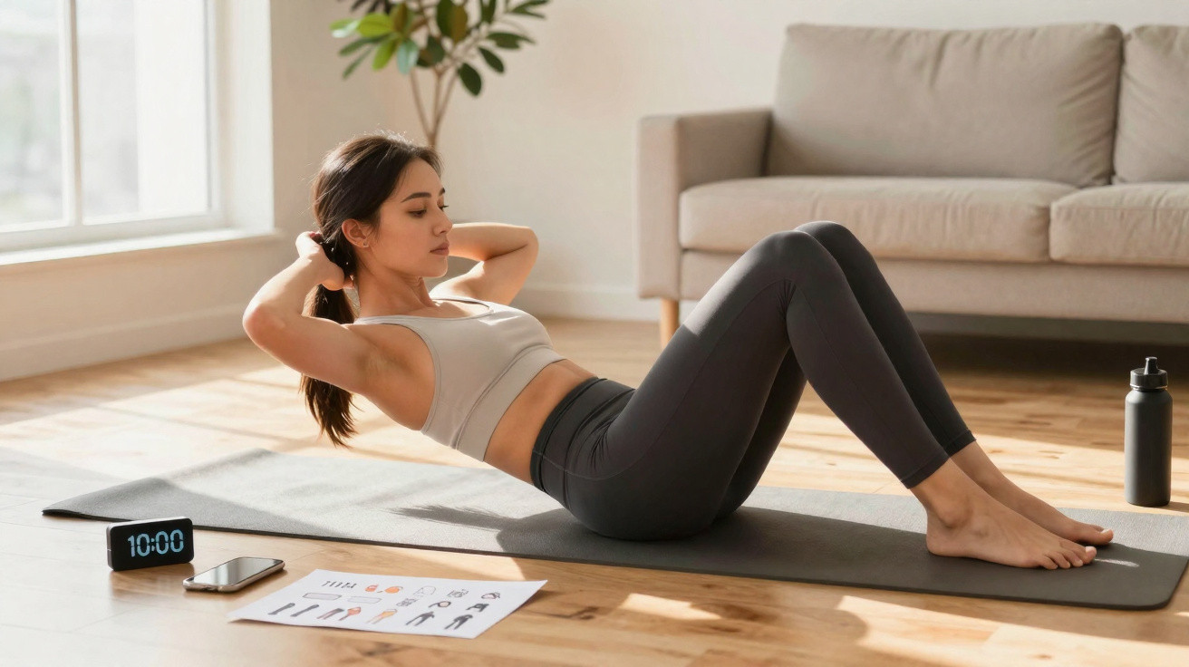 Mulher fazendo abdominais em tapete de yoga na sala, com relógio, celular e garrafa ao redor.