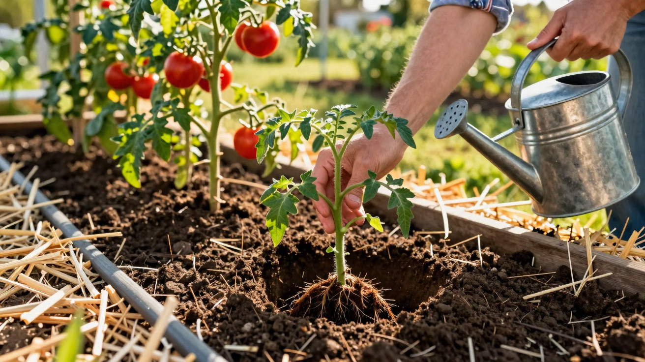Pessoa plantando muda de tomateiro com regador em horta ensolarada, cercada por plantas adultas com tomates vermelhos maduros