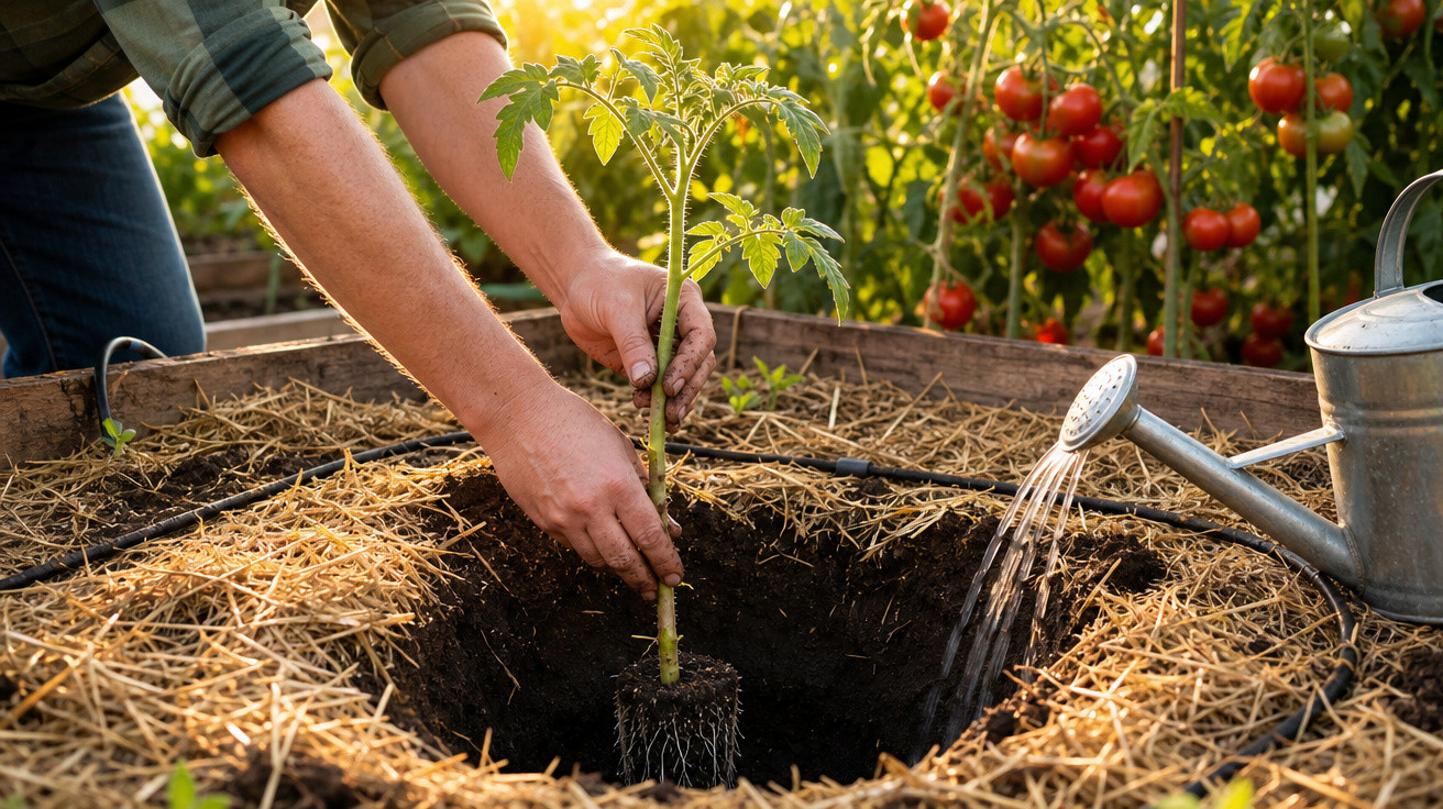 Pessoa plantando muda de tomate em solo preparado com regador ao lado em estufa.