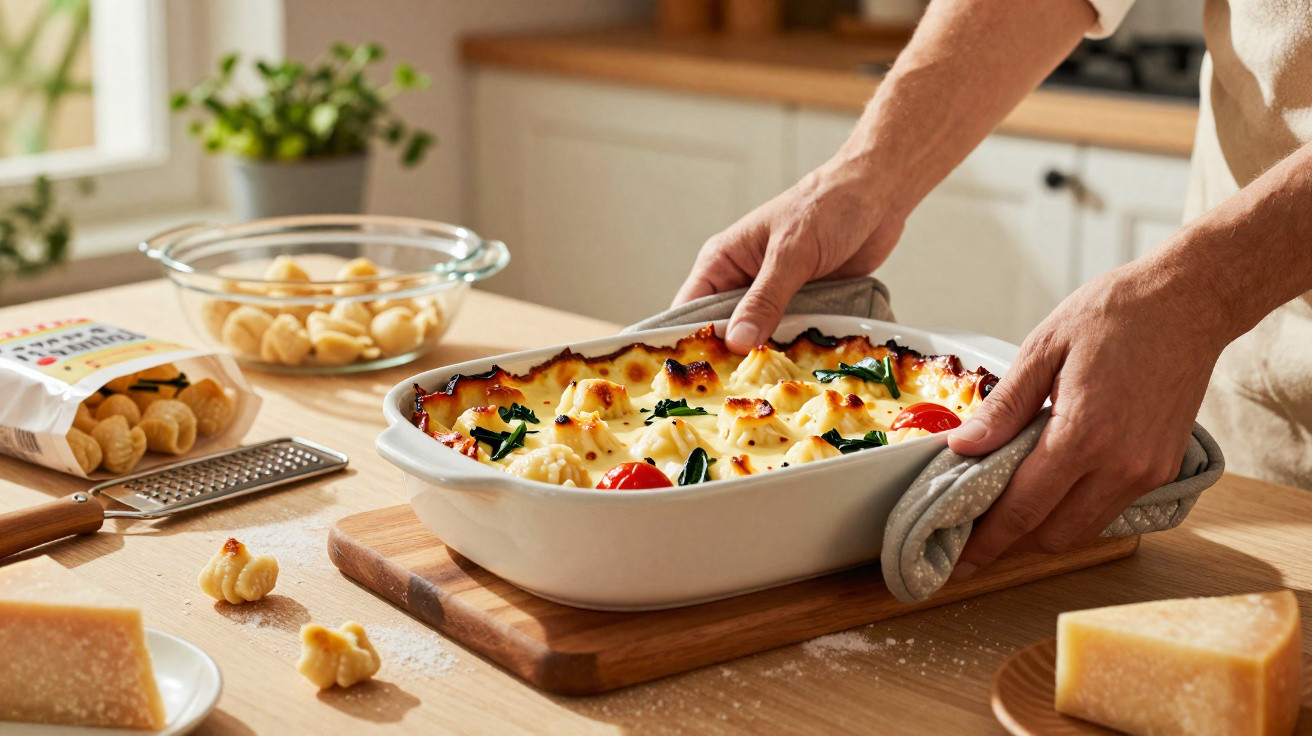 Pessoa segurando travessa com gratinado de massa, tomate e espinafre numa cozinha iluminada.