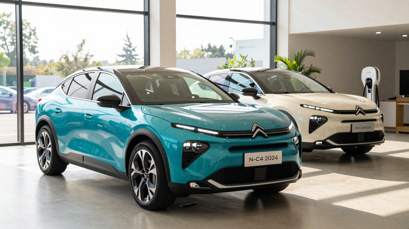 Dois carros elétricos Citroën N-C4 2024, um azul e outro branco, em showroom com luz natural.