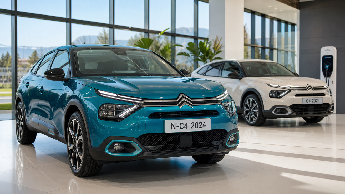 Dois carros Citroën C4 2024 expostos em showroom moderno com janelas amplas e carregador elétrico ao fundo.