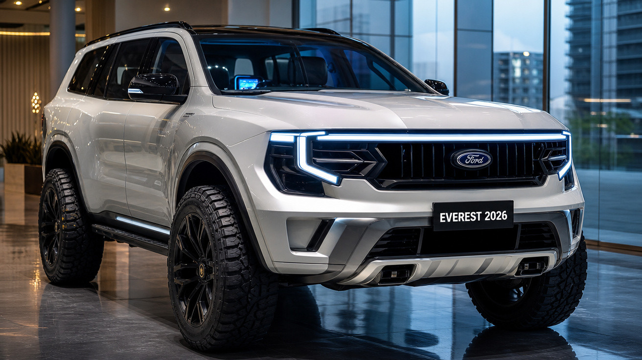 SUV Ford Everest 2026 branco estacionado em ambiente interno com faróis acesos e rodas pretas robustas.