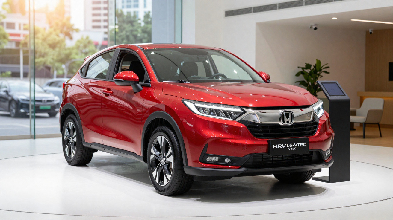 Carro vermelho Honda HR-V 1.5 VTEC em exposição dentro de showroom moderno e iluminado.