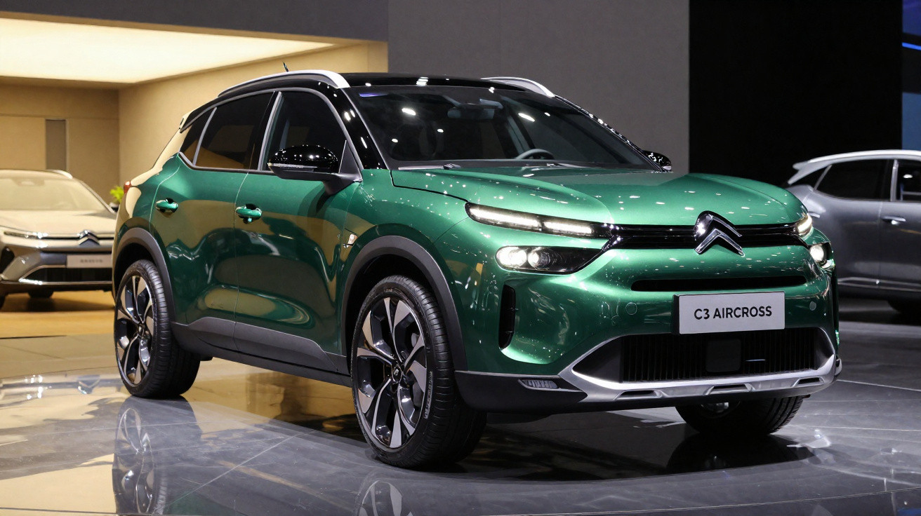 Carro verde Citroën C3 Aircross exibido em exposição, vista frontal e lateral direita.