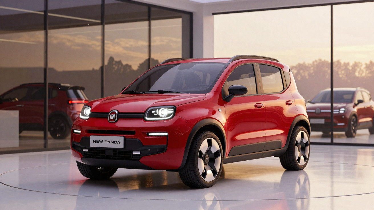 Carro compacto Fiat New Panda vermelho em ambiente moderno com janelas amplas e reflexos no piso branco.