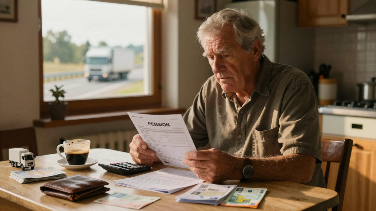 Idoso analisando documento de pensão sentado à mesa com carteira, café e calculadora em ambiente doméstico.