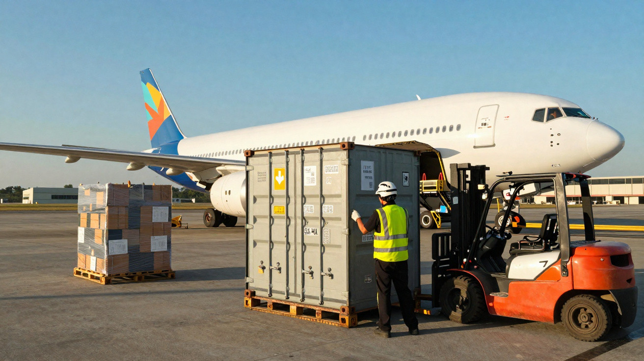 Avião sendo carregado com carga por trabalhador e empilhadeira em aeroporto sob céu claro.