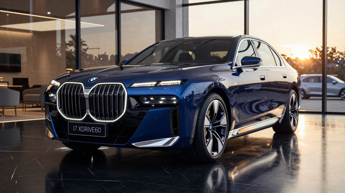 BMW Série 7 azul metálico estacionado com luz do pôr do sol refletida no chão preto brilhante