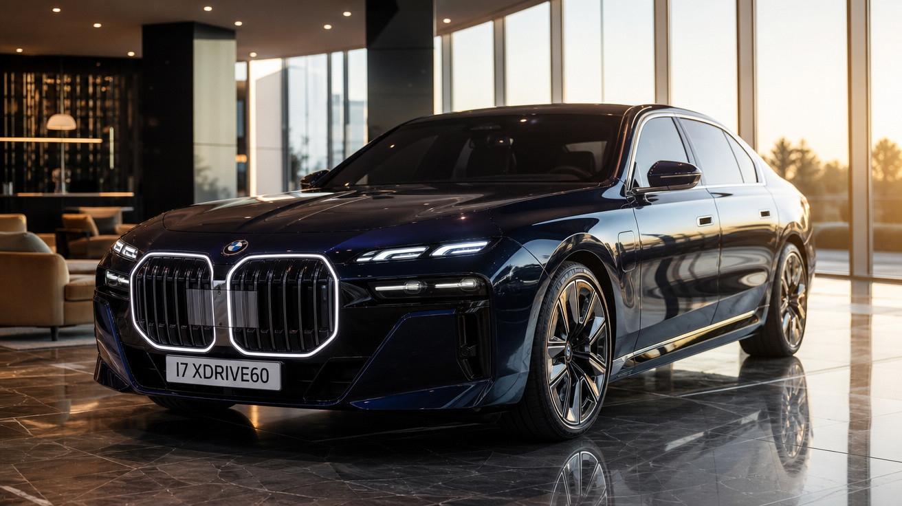 Carro BMW preto modelo 2023 em showroom moderno com luz natural entrando por janelas grandes.