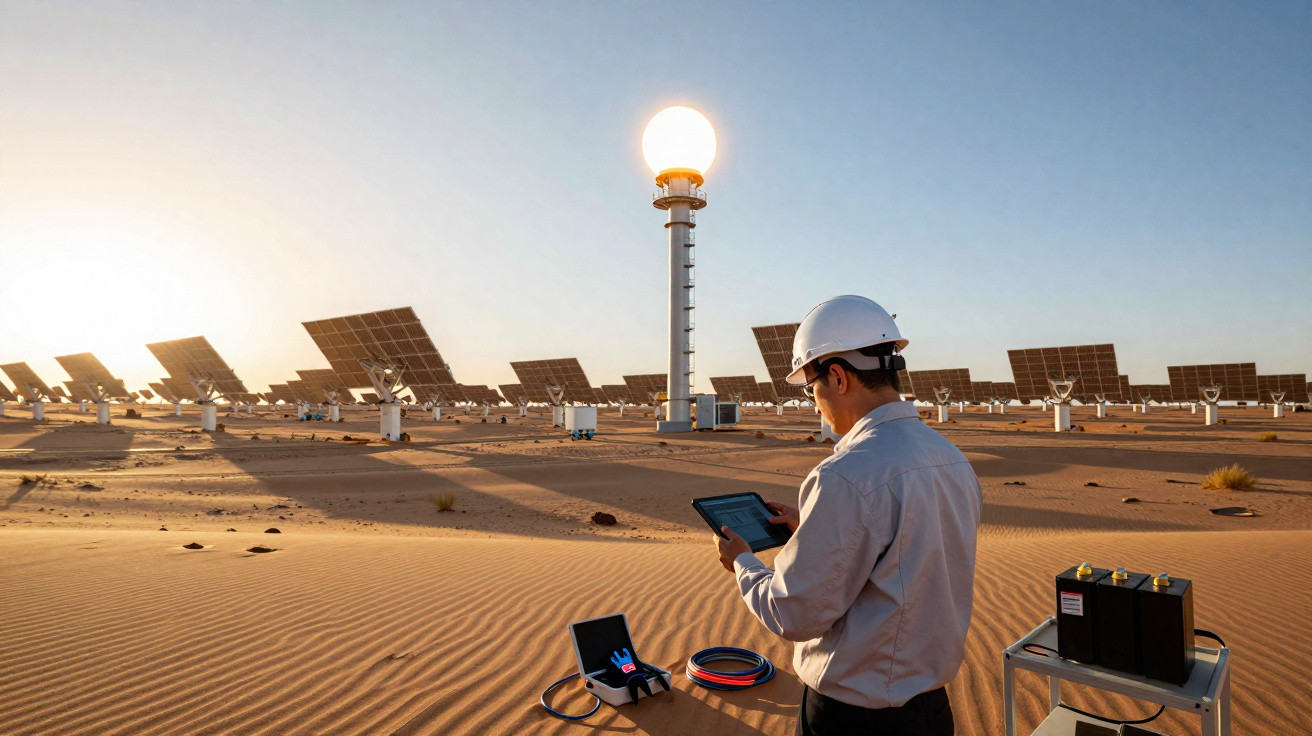 Engenheiro com capacete verifica painel em usina solar termelétrica no deserto ao pôr do sol.