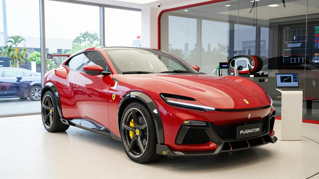 Carro esportivo vermelho Ferrari Pugnator em exposição dentro de showroom moderno e iluminado.