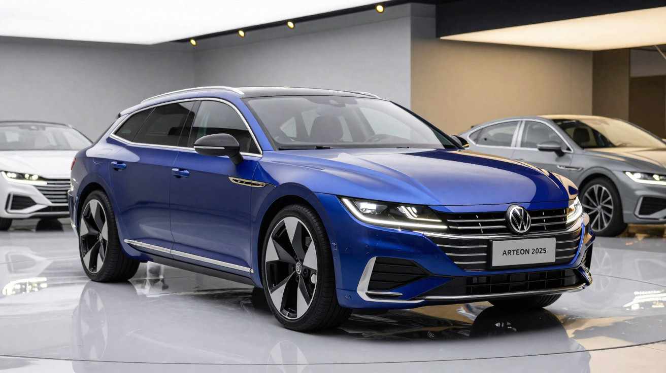 Carro Volkswagen Arteon 2025 azul em exposição, com design esportivo e rodas grandes em salão moderno.