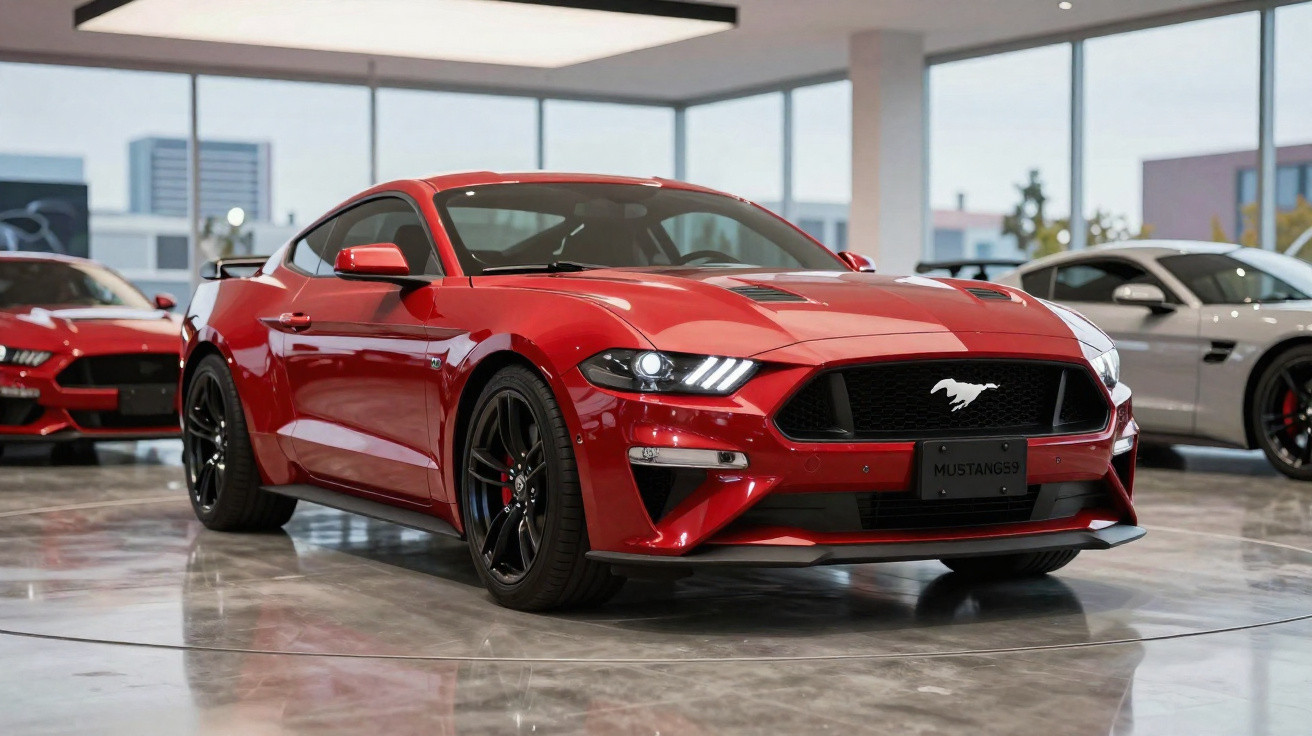 Carro esportivo Ford Mustang vermelho em exposição dentro de showroom moderno e iluminado.
